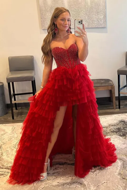 A-Line Red High Low 2025 Prom Dresses Tulle Sweetheart Beaded Tiered Formal Dress sold by My Chic Dress