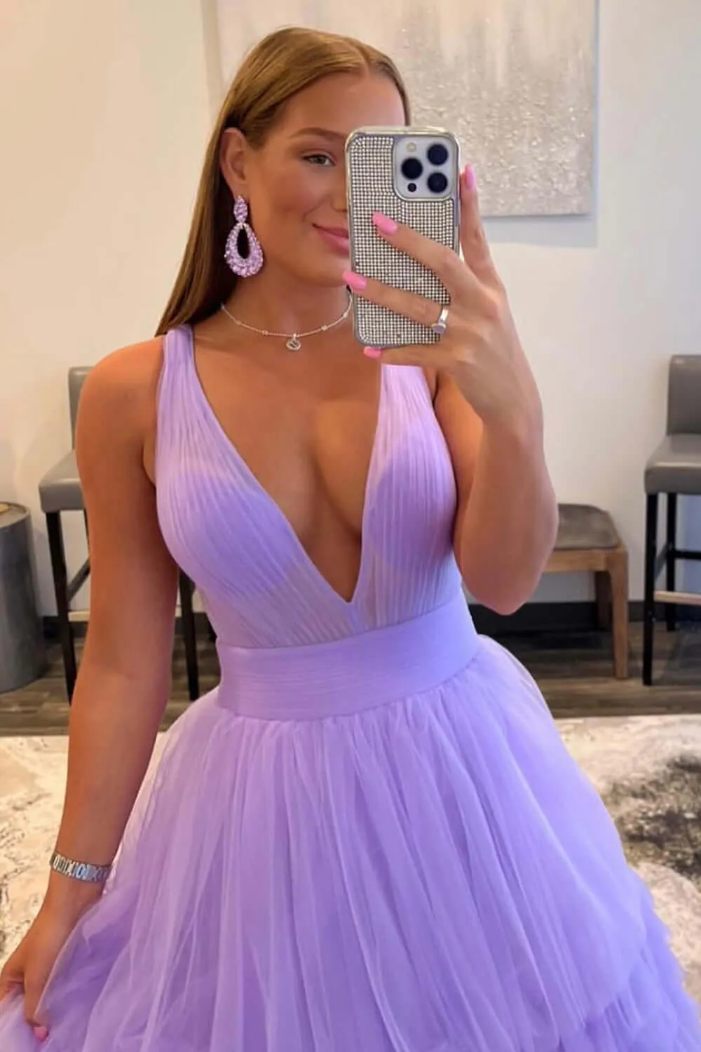 Purple Layered Prom Dresses Ruffle Plunging Deep V-Neck Tiered Evening Dress sold by My Chic Dress product image thumbnail 2