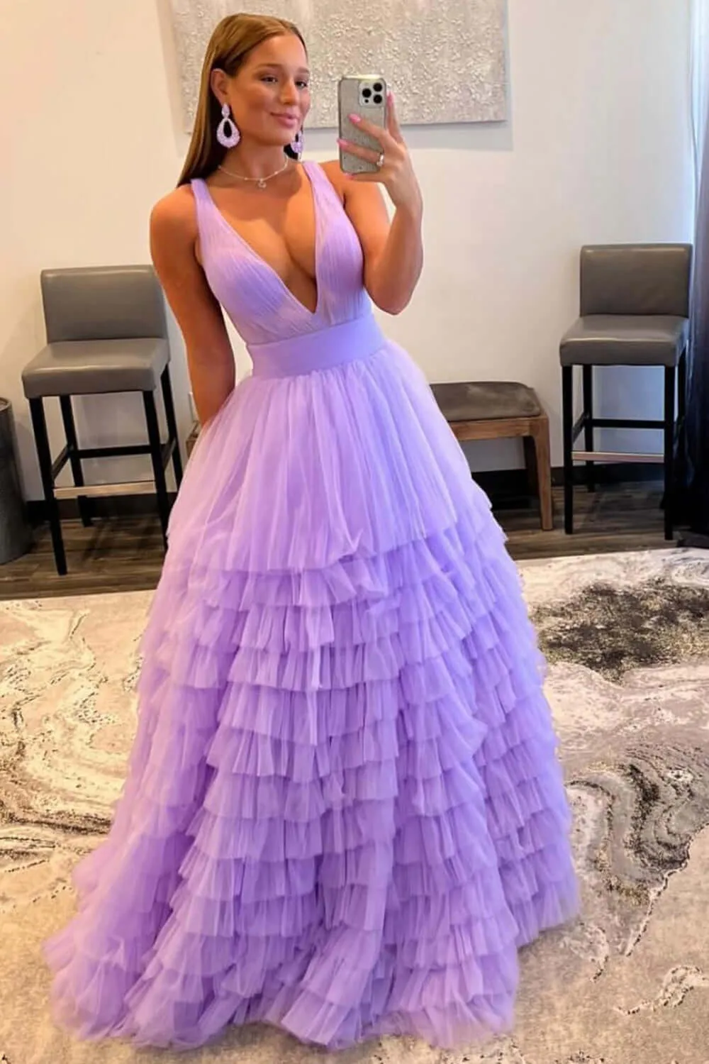 Purple Layered Prom Dresses Ruffle Plunging Deep V-Neck Tiered Evening Dress sold by My Chic Dress