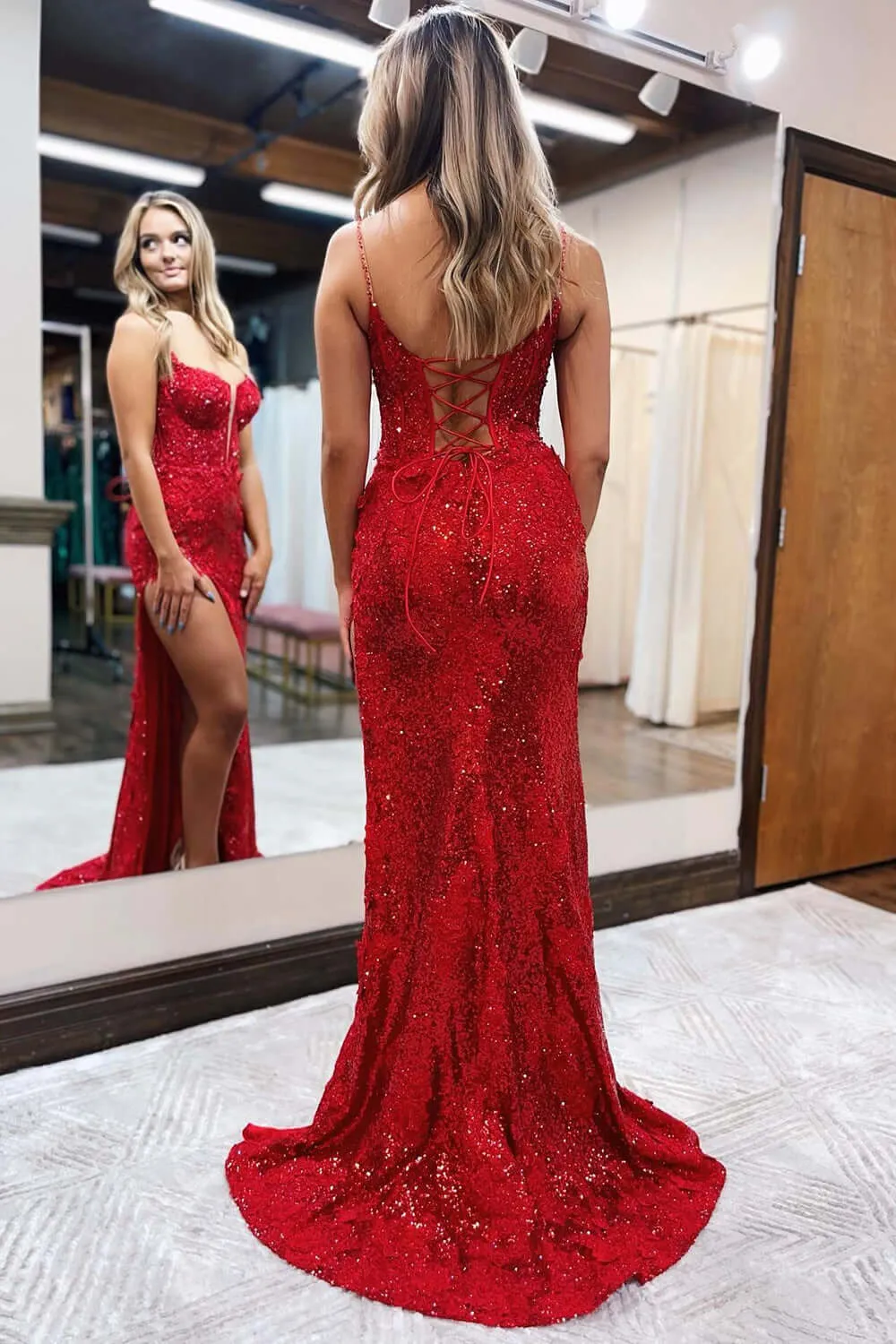 Long Mermaid Red Prom Dress 2025 Spaghetti Straps Appliques with Slit sold by My Chic Dress product image thumbnail 2