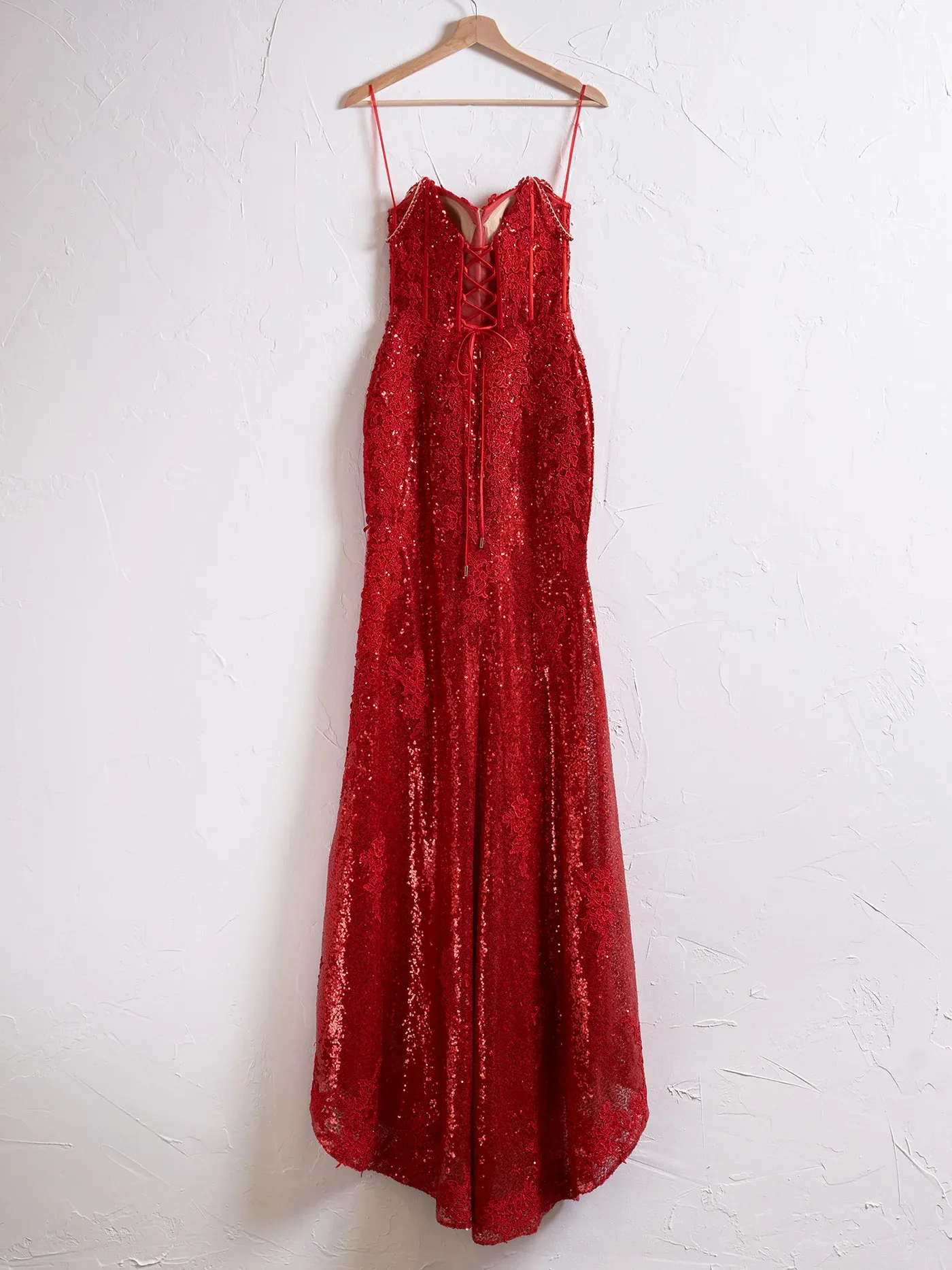 Long Mermaid Red Prom Dress 2025 Spaghetti Straps Appliques with Slit sold by My Chic Dress product image thumbnail 4