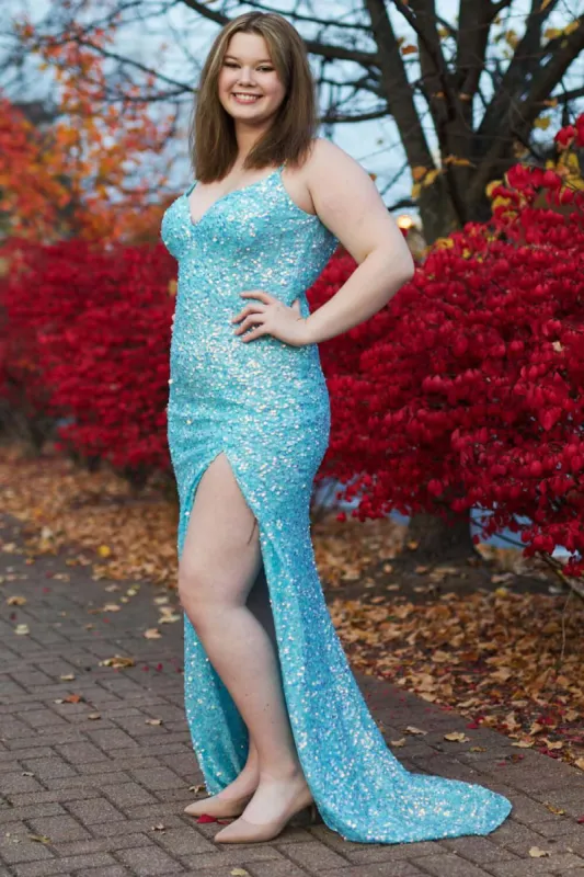 Sparkly Sky Sequins Plus Size Blue Prom Dresses Long Formal Dress with Slit sold by My Chic Dress