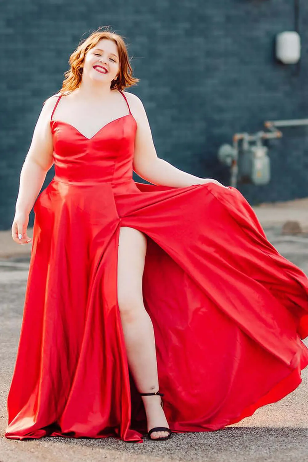 Simple Satin Plus Size Red Prom Dresses UK Long Spaghetti Straps with Pockets sold by My Chic Dress