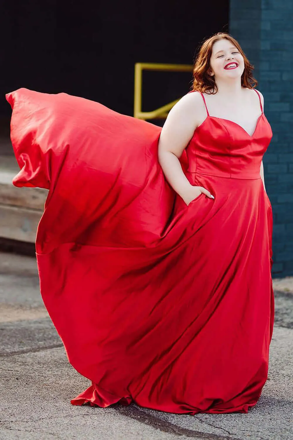 Simple Satin Plus Size Red Prom Dresses UK Long Spaghetti Straps with Pockets sold by My Chic Dress product image thumbnail 2