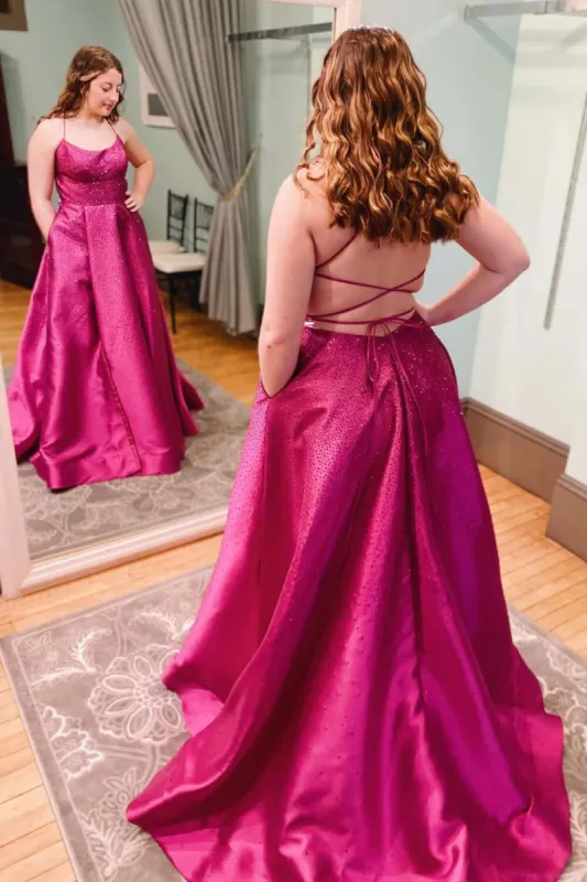 Hot Pink Plus Size Prom Dresses Satin Long Halter Evening Gown with Beading sold by My Chic Dress