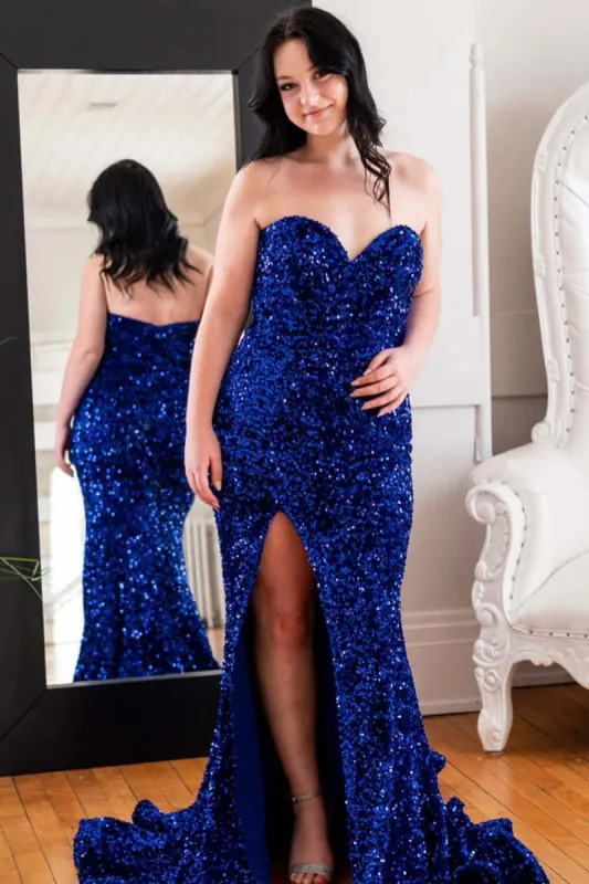 Sparkly Plus Size Sequins Royal Blue Prom Dresses Mermaid Long Dress with Slit sold by My Chic Dress