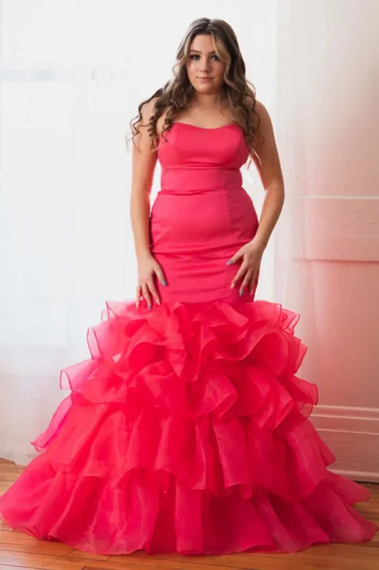 Cheap Plus Size Hot Pink Prom Dresses Long Satin Mermaid Evening Dress Strapless sold by My Chic Dress