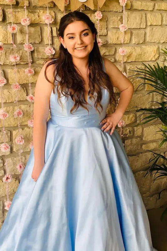 Simple Light Blue Plus Size Prom Dresses Satin Long Deep V Neck Formal Dress sold by My Chic Dress