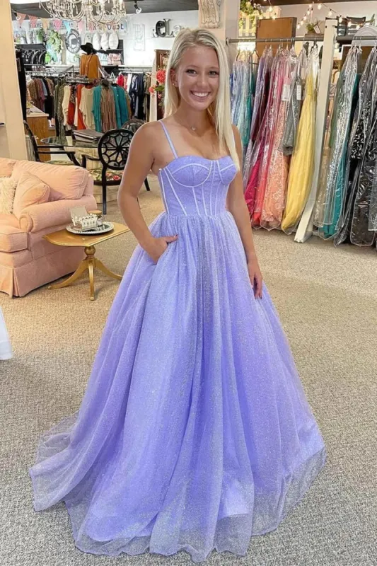 A Line Lilac Shiny Prom Dresses 2025 Spaghetti Straps Tulle Long Formal Dress sold by My Chic Dress