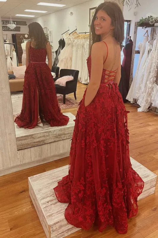 Burgundy Square Neck A-Line Prom Dresses Lace Appliques Formal Gown with Slit sold by My Chic Dress