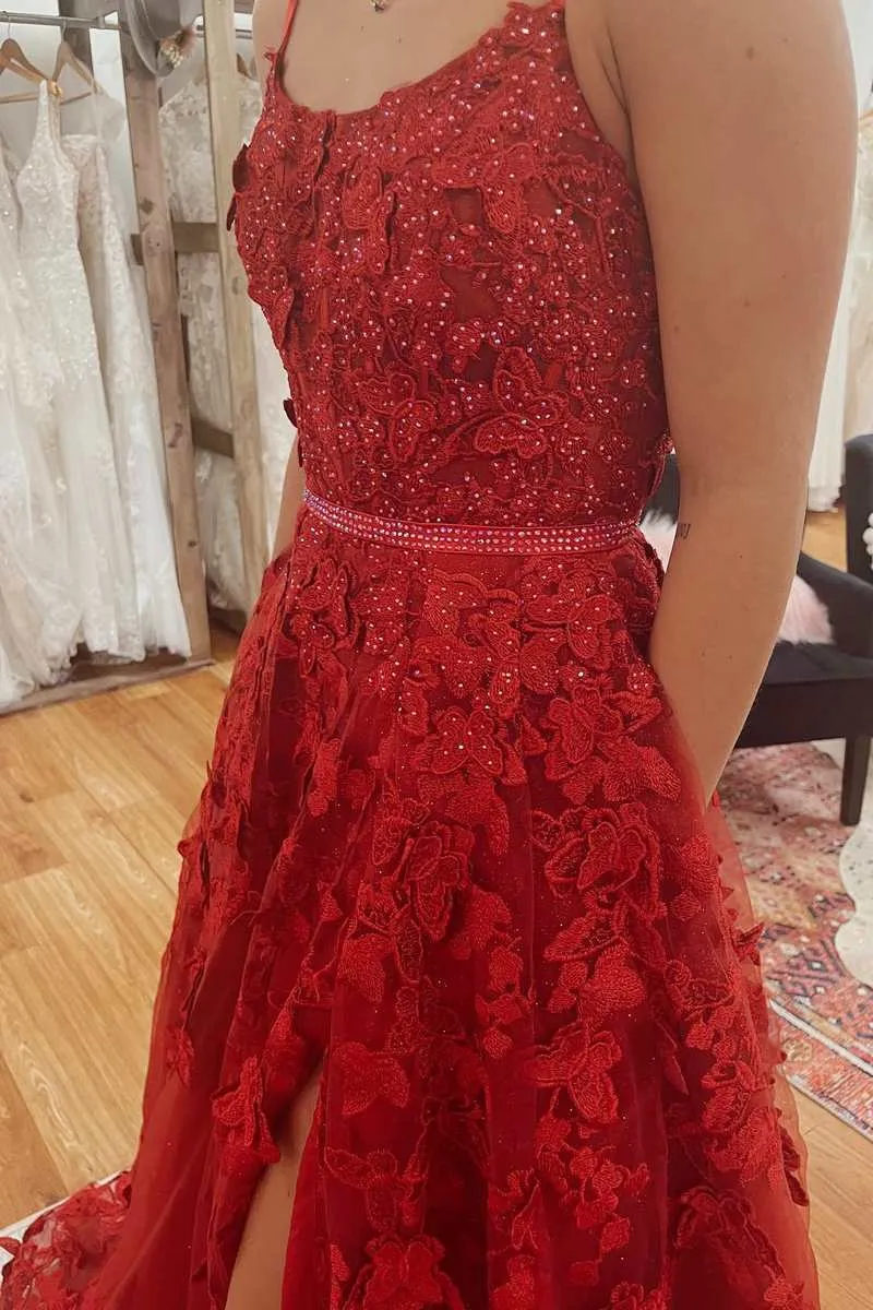 Burgundy Square Neck A-Line Prom Dresses Lace Appliques Formal Gown with Slit sold by My Chic Dress product image thumbnail 2
