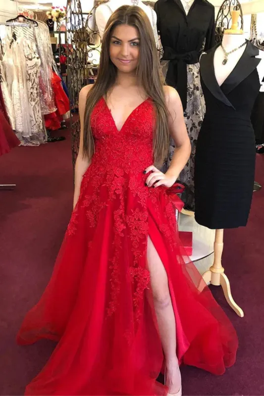 Cheap V Neck Red Prom Dresses A-Line Appliqued Long Lace Evening Dress sold by My Chic Dress