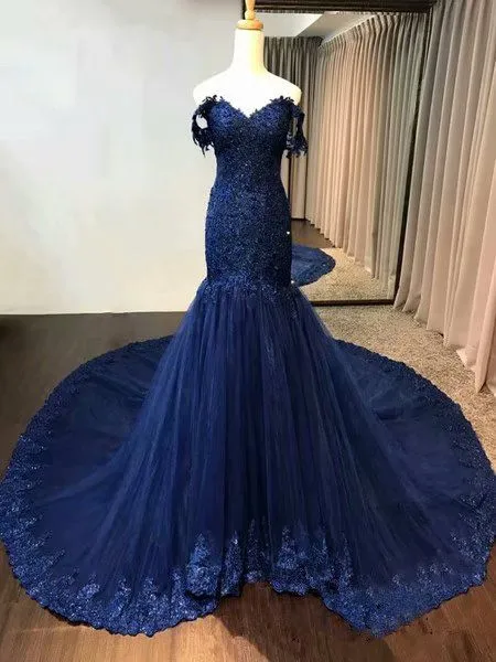 New Lace Navy Blue Prom Dresses Tulle Vintage Evening Dress Off The Shoulder sold by My Chic Dress