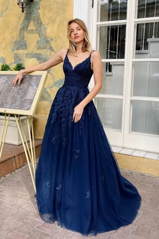 Hot V Neck Lace Prom Dresses Navy Blue Long Spaghetti Straps Evening Dresses sold by My Chic Dress