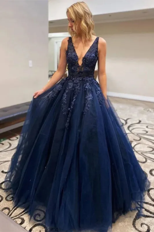A-Line V Neck Navy Blue Lace Prom Dresses Appliques Evening Dress Long sold by My Chic Dress