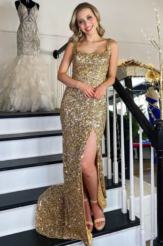 Sequin Gold Square Neck Prom Dresses Mermaid Long Formal Dress Backless with Slit sold by My Chic Dress