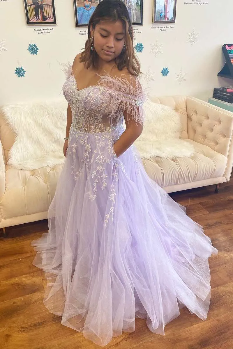 Floral Lavender Prom Dresses Lace Feathers Off-the-Shoulder Evening Gown sold by My Chic Dress product image thumbnail 3