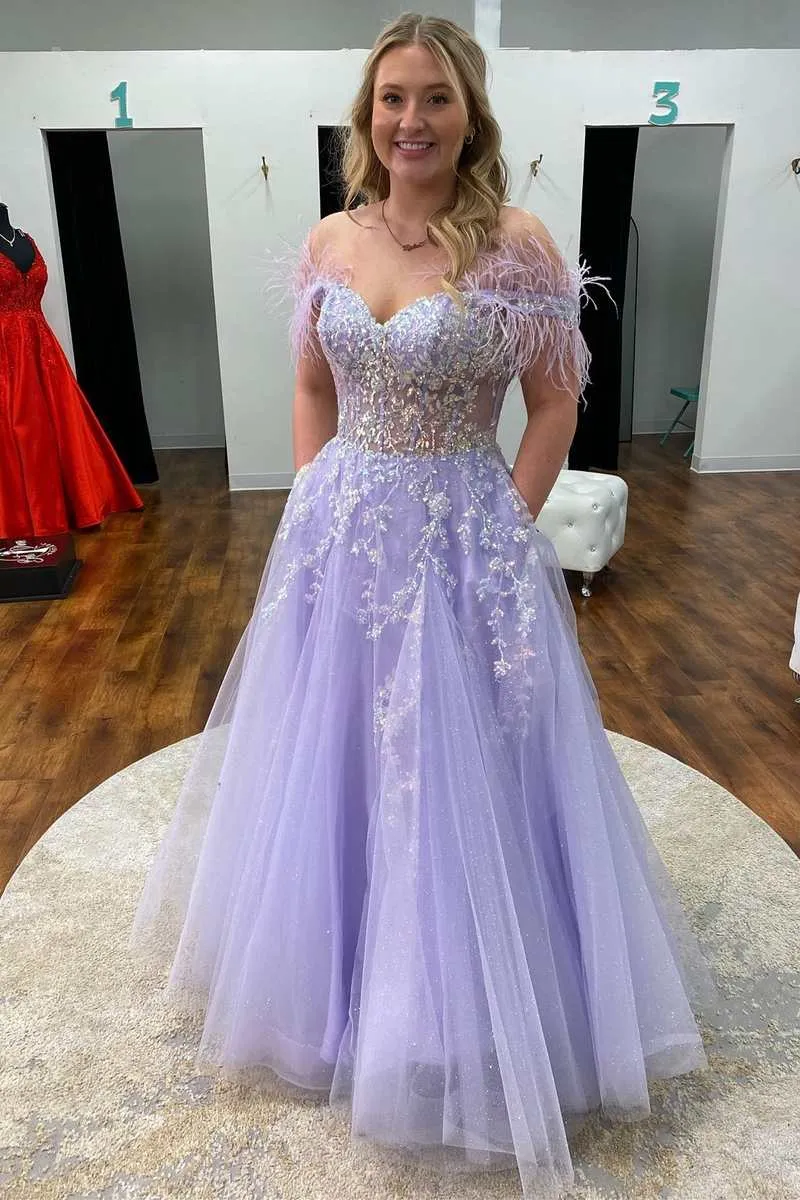 Floral Lavender Prom Dresses Lace Feathers Off-the-Shoulder Evening Gown sold by My Chic Dress