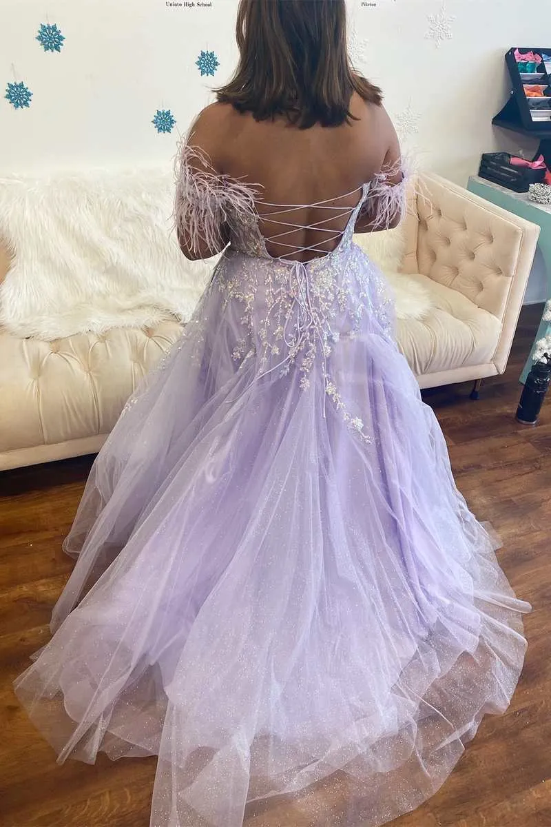 Floral Lavender Prom Dresses Lace Feathers Off-the-Shoulder Evening Gown sold by My Chic Dress product image thumbnail 2