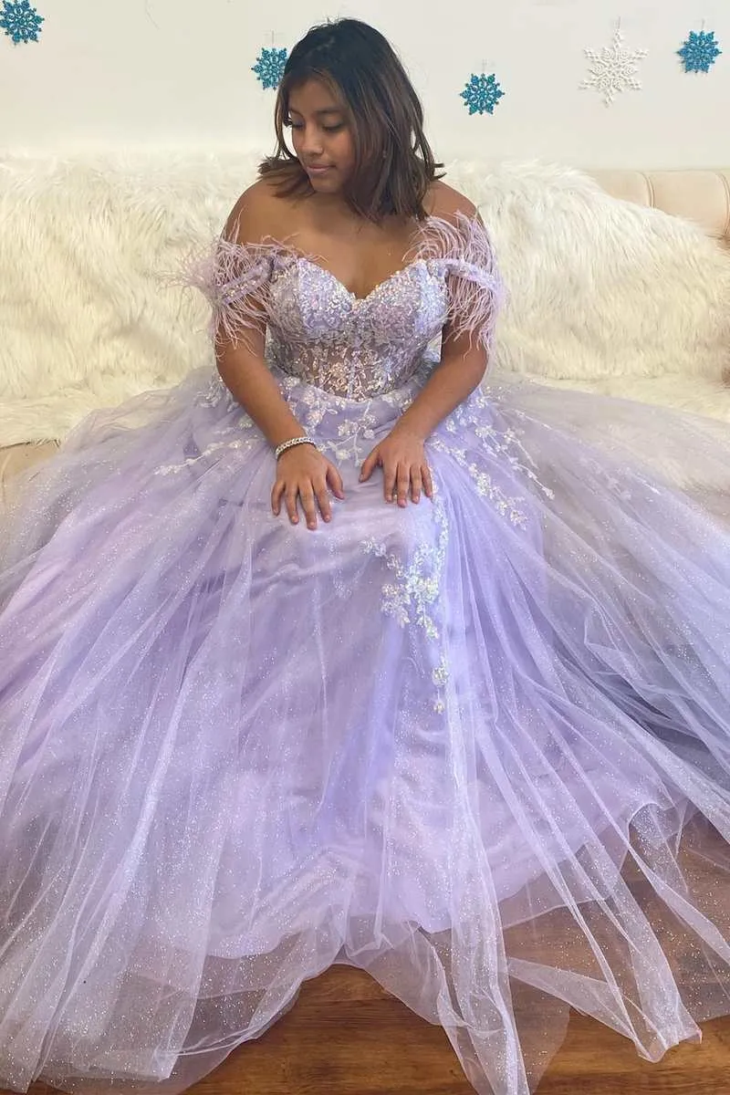 Floral Lavender Prom Dresses Lace Feathers Off-the-Shoulder Evening Gown sold by My Chic Dress product image thumbnail 4