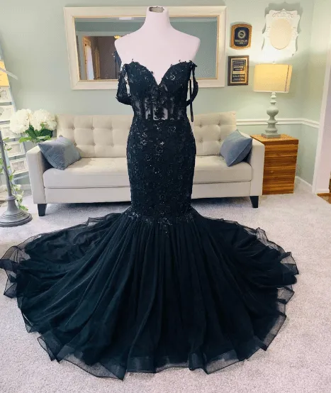 Hot Mermaid Lace Gothic Wedding Dresses Black Applique Off Shoulder sold by My Chic Dress product image thumbnail 2