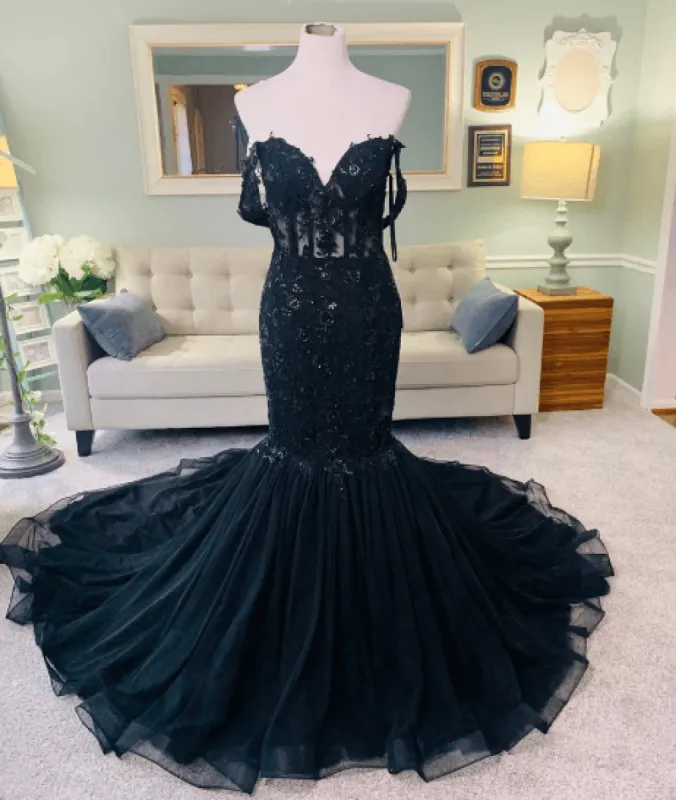 Hot Mermaid Lace Gothic Wedding Dresses Black Applique Off Shoulder sold by My Chic Dress