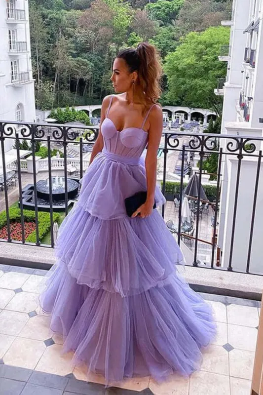A-line Tulle Tiered Prom Dresses Purple Spaghetti Straps Long Formal Dress sold by My Chic Dress