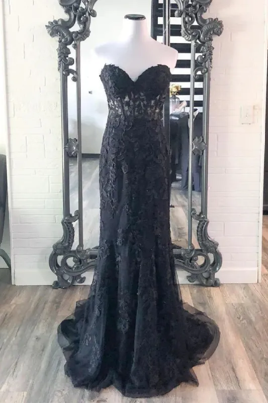 Sweetheart Mermaid Lace Black Corset Prom Dresses Cheap Long Formal Dresses sold by My Chic Dress