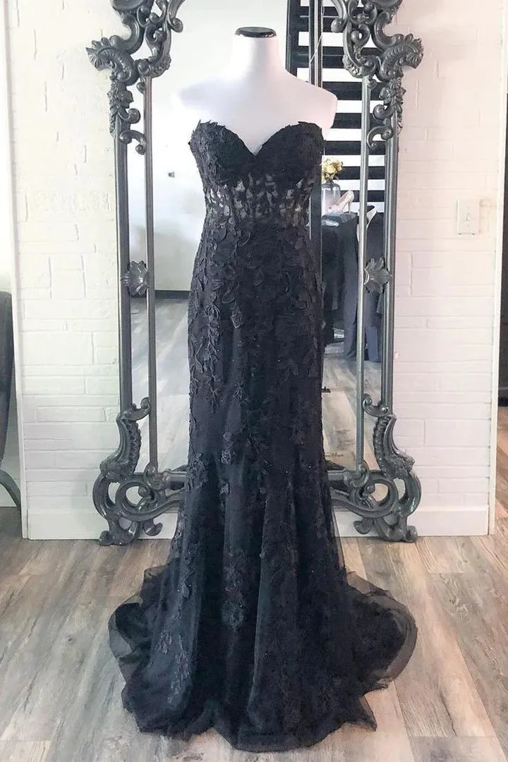 Sweetheart Mermaid Lace Black Corset Prom Dresses Cheap Long Formal Dresses sold by My Chic Dress
