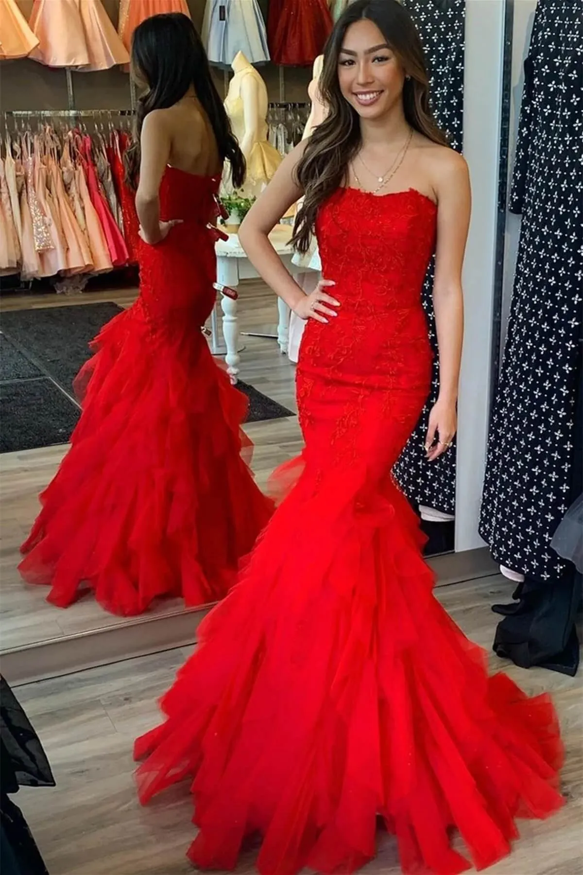 Cheap Strapless Ruffle Red Lace Prom Dresses Mermaid Tulle Long Formal Dress sold by My Chic Dress