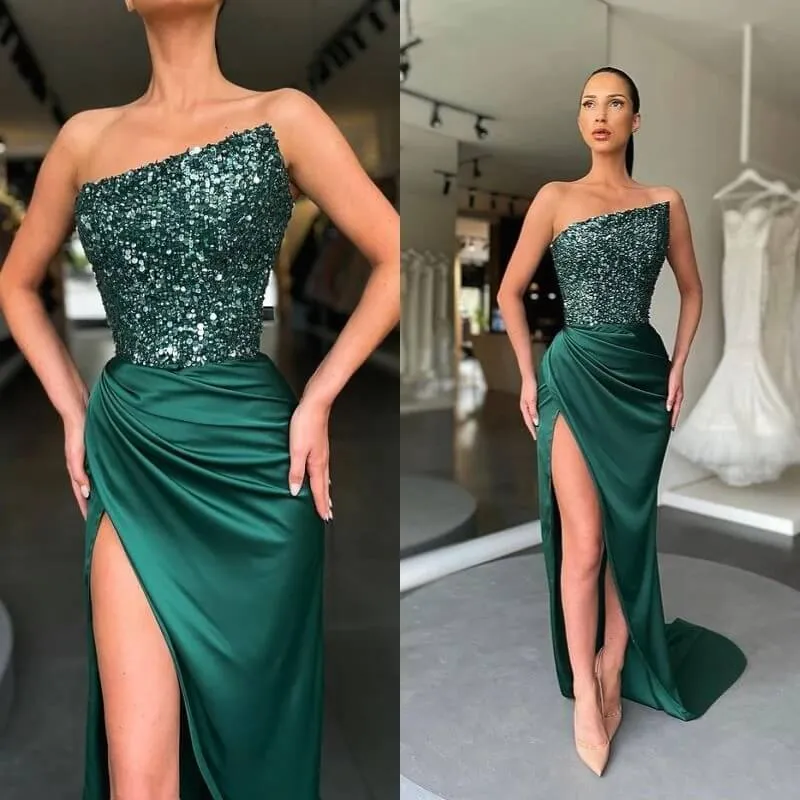 2025 Cheap Dark Green Prom Dress Sequins Satin Formal Dress With Split sold by My Chic Dress product image thumbnail 3