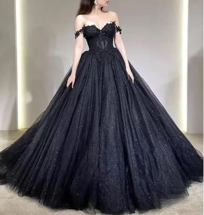 A Line Black Gothic Wedding Dresses Off the Shoulder Lace Tulle Bridal Wear sold by My Chic Dress