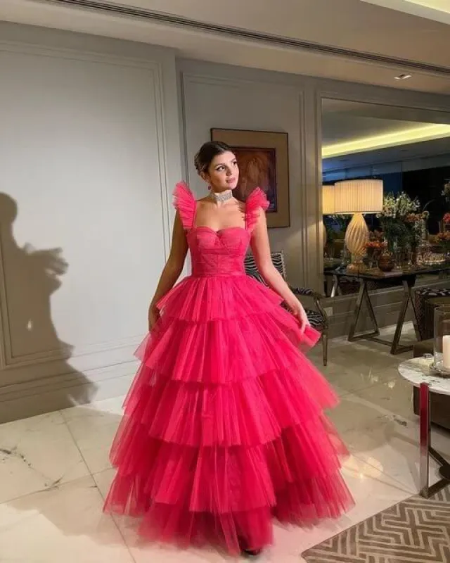 Cheap Pink Tulle 2025 Prom Dresses Ruffle Sleeveless Long Formal Evening Dress sold by My Chic Dress