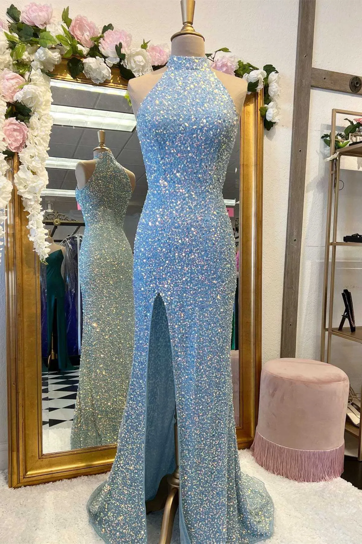Custom Blue Sequin Prom Dresses Mermaid Halter Long Formal Dress with Slit sold by My Chic Dress