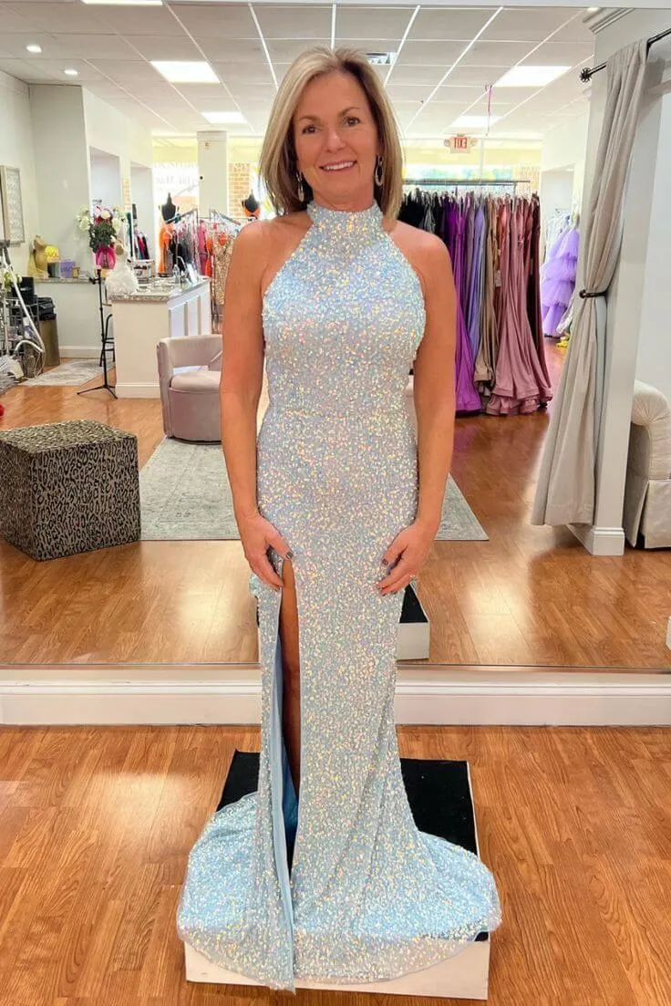 Custom Blue Sequin Prom Dresses Mermaid Halter Long Formal Dress with Slit sold by My Chic Dress product image thumbnail 2