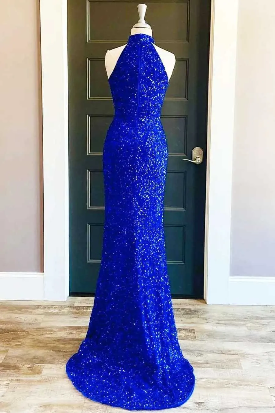 Custom Blue Sequin Prom Dresses Mermaid Halter Long Formal Dress with Slit sold by My Chic Dress product image thumbnail 4