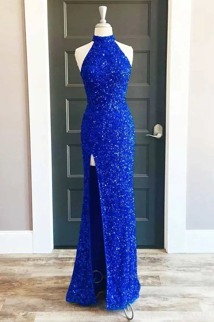 Custom Blue Sequin Prom Dresses Mermaid Halter Long Formal Dress with Slit sold by My Chic Dress product image thumbnail 3
