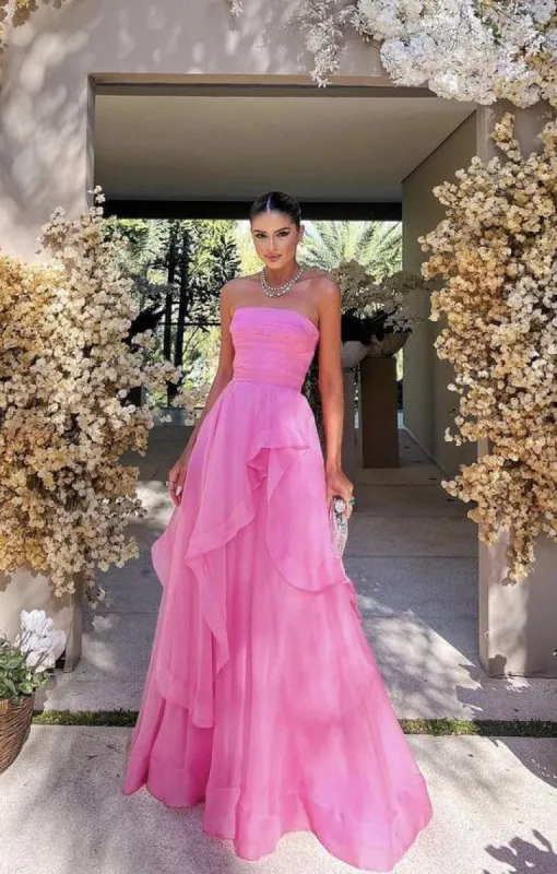 Simple A Line Tulle Ruffle Pink Prom Dresses Strapless Modest Formal Evening Dresses sold by My Chic Dress