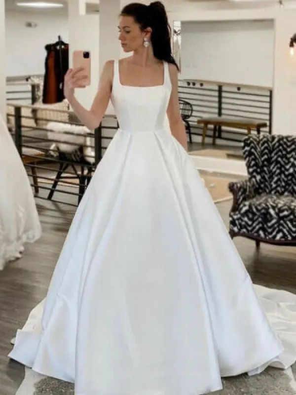 Simple Satin Minimalist Wedding Dresses Square Neck Plus Size Bridal Dresses sold by My Chic Dress