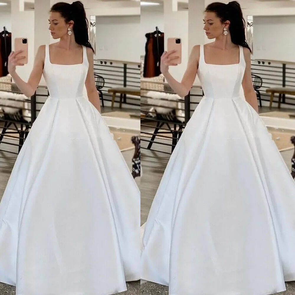 Simple Satin Minimalist Wedding Dresses Square Neck Plus Size Bridal Dresses sold by My Chic Dress product image thumbnail 3