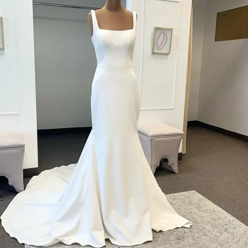 Cheap Satin Square Neck Minimalist Wedding Dresses Mermaid Straps Bridal Gowns Buttons sold by My Chic Dress