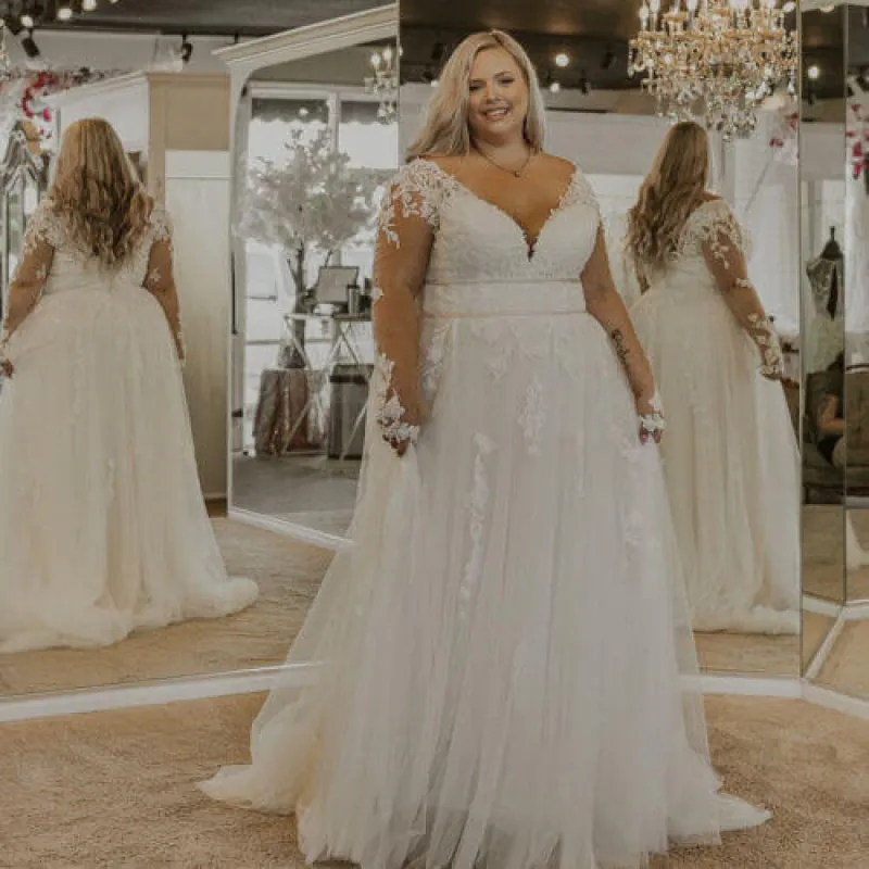 Long Sleeve Lace Plus Size Wedding Dresses UK A Line V Neck Bridal Gown sold by My Chic Dress