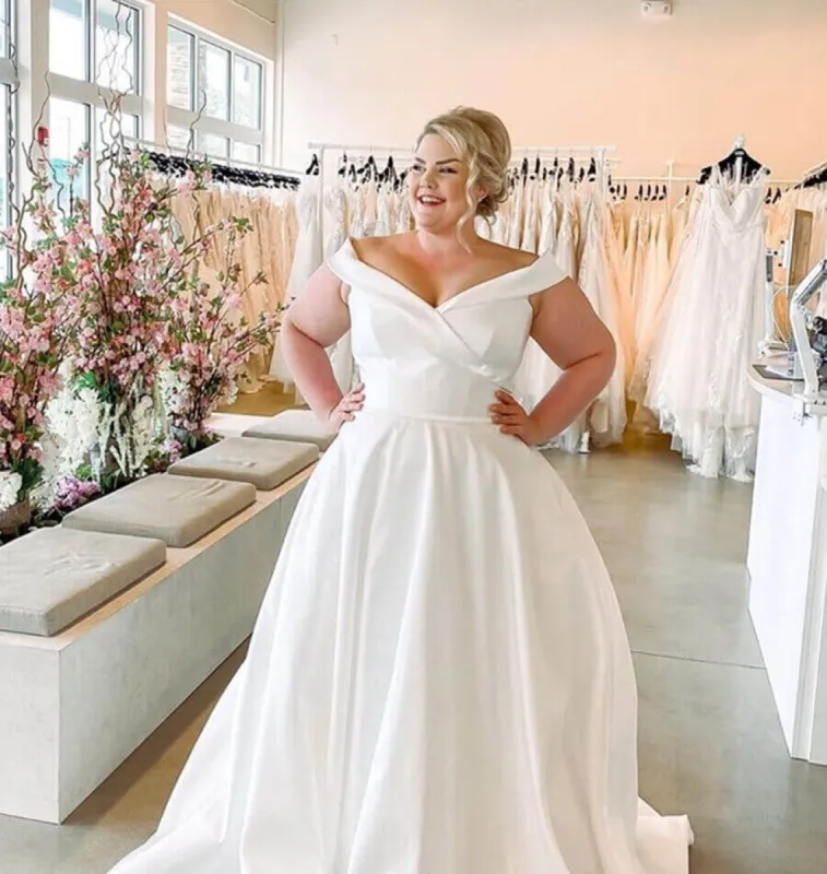 Cheap Satin Plus Size Wedding Dresses Off Shoulder A Line Bridal Dress sold by My Chic Dress