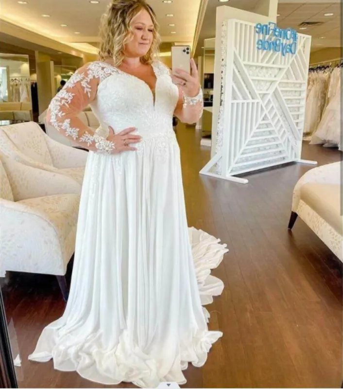 Sheath Plus Size Wedding Dresses Long Sleeves V-Neck Lace Bridal Dress sold by My Chic Dress