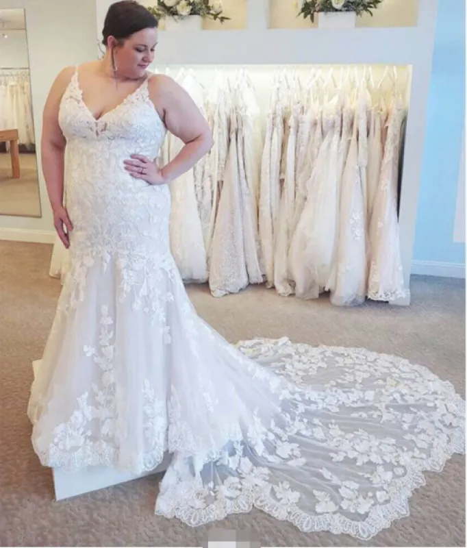 Cheap Plus Size Lace Wedding Dresses Mermaid V Neck Spaghetti Straps Bridal Gown sold by My Chic Dress
