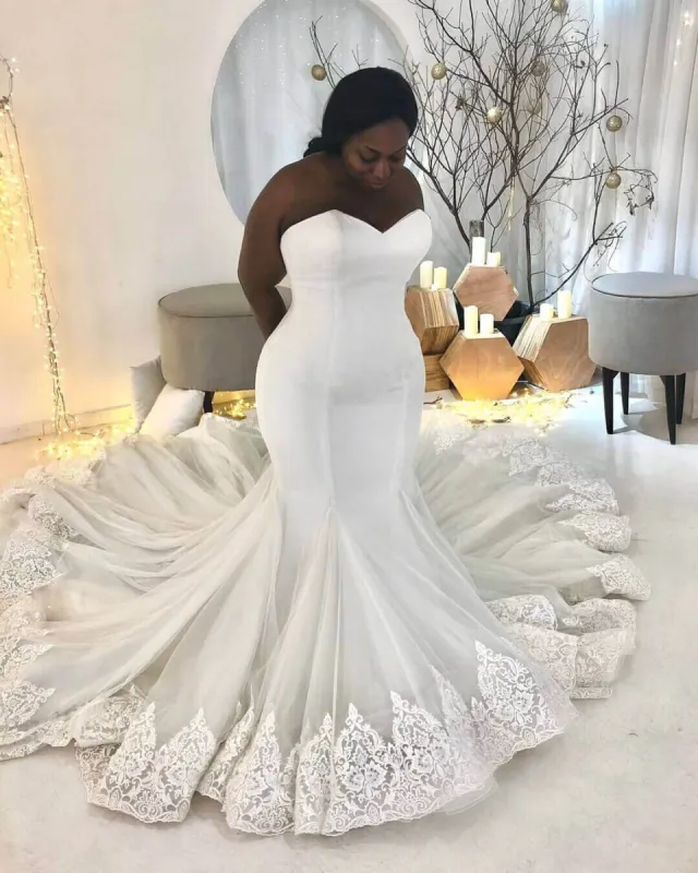 Cheap Plus Size Wedding Dresses Satin Mermaid Lace Appliques Bridal Dress sold by My Chic Dress