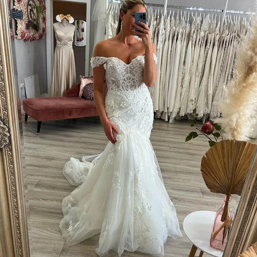 Off Shoulder Lace Wedding Dresses Mermaid Tulle Bridal Gowns Appliques Sweep Train sold by My Chic Dress