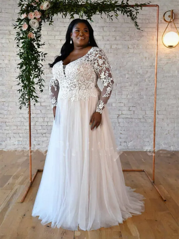 Cheap Lace Tulle Plus Size Wedding Dresses Long Sleeves V Neck Backless sold by My Chic Dress