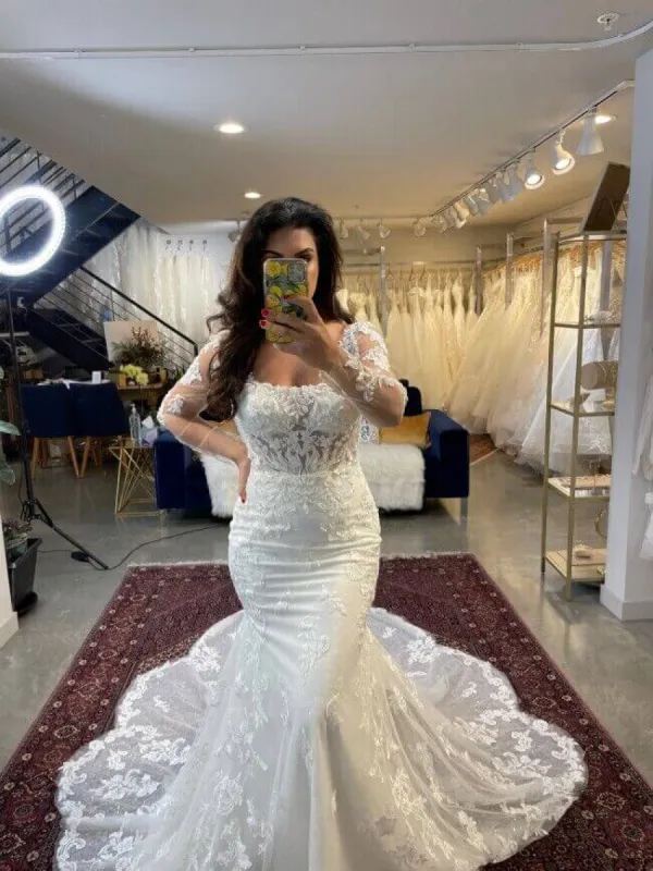 Long Sleeves Square Neck Wedding Dresses Lace Mermaid Backless Appliques sold by My Chic Dress