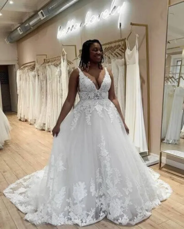 Gorgeous V Neck Beach White Plus Size Wedding Dresses Lace Boho Bridal Dress sold by My Chic Dress